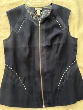 Cache Navy Sleeveless Zip Front Vest with Stud Detail